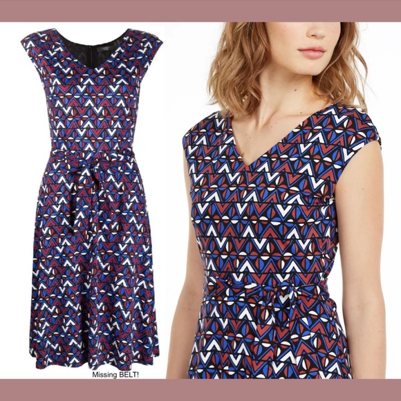 NEW $295‎ WEEKEND MAX MARA [ XS ] Thomas Geometric Tie Flare Dress In Blue - Picture 2 of 15